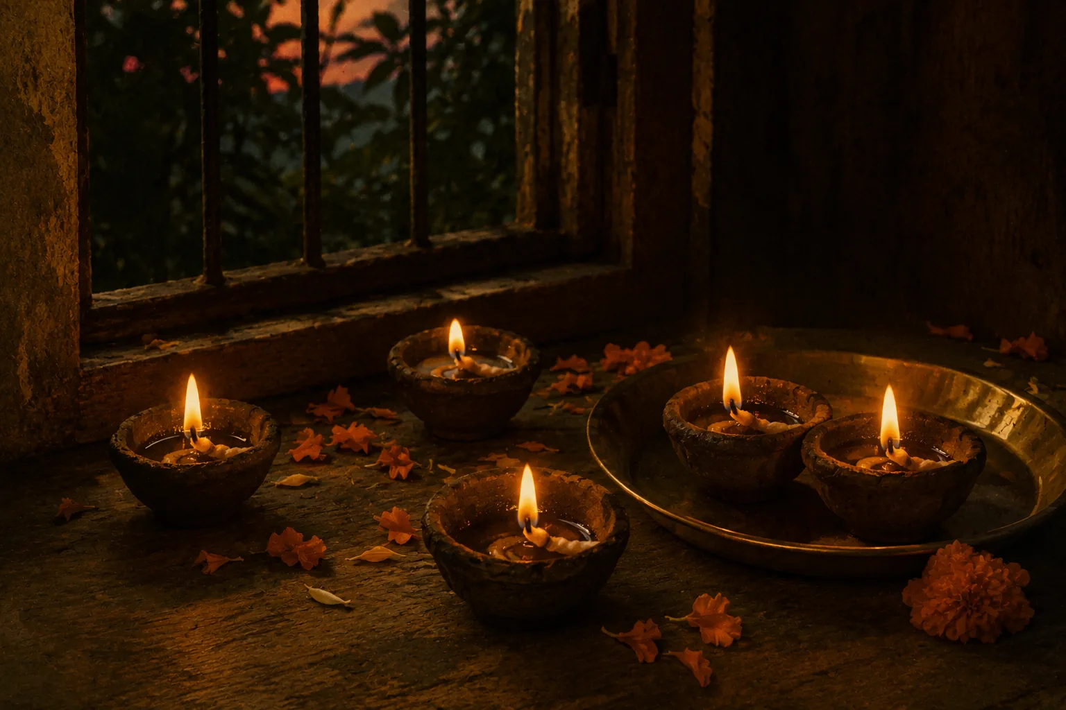 A lit diya offered for the ancestors at the Kāmya gaushala