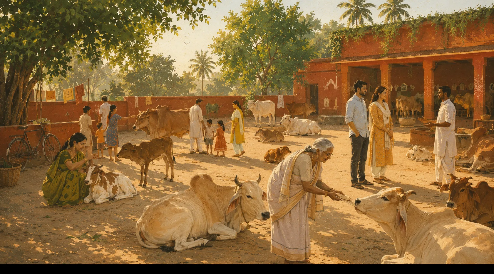 Families spending a festival morning among the cows at Kāmya